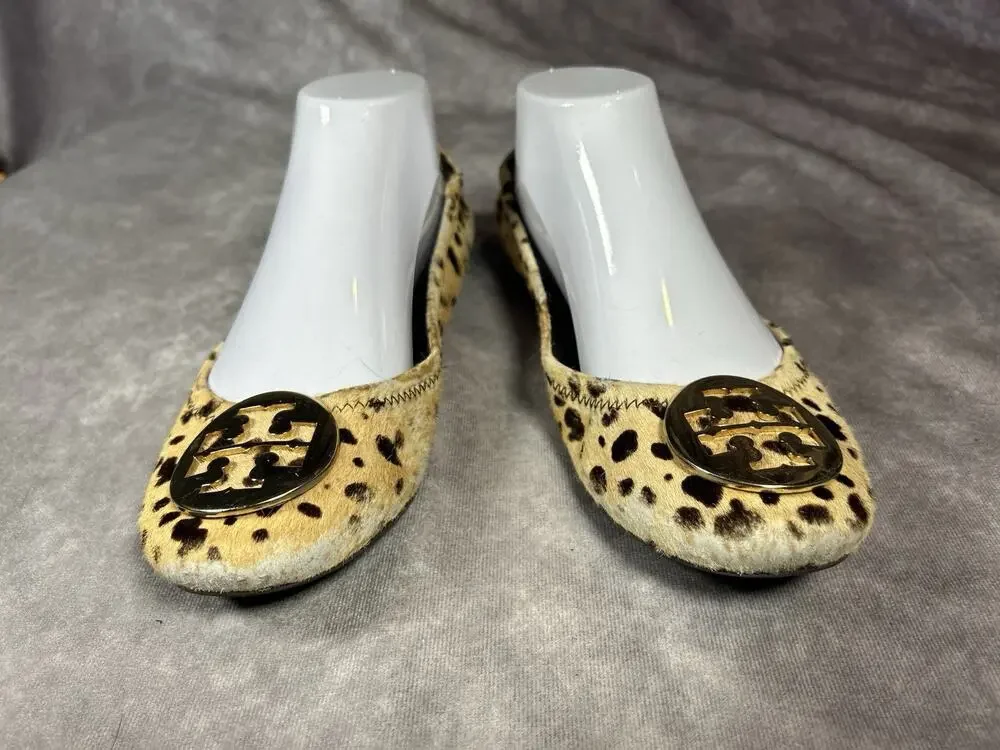 Tory Burch Reva Leopard Haircalf Ballet Flats Gold Logo Womens 6
